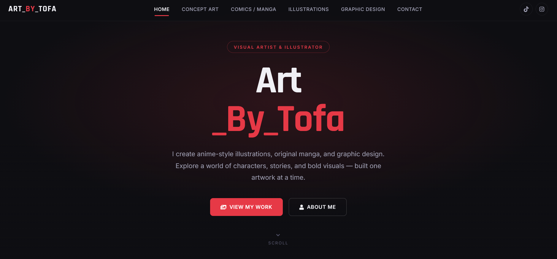 Art_By_Tofa portfolio homepage for an anime-style illustrator