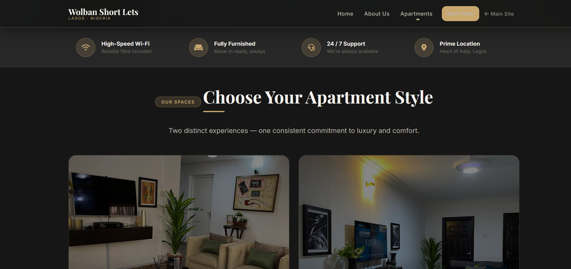 Wolban Short Lets homepage showing furnished apartments in Ikeja, Lagos